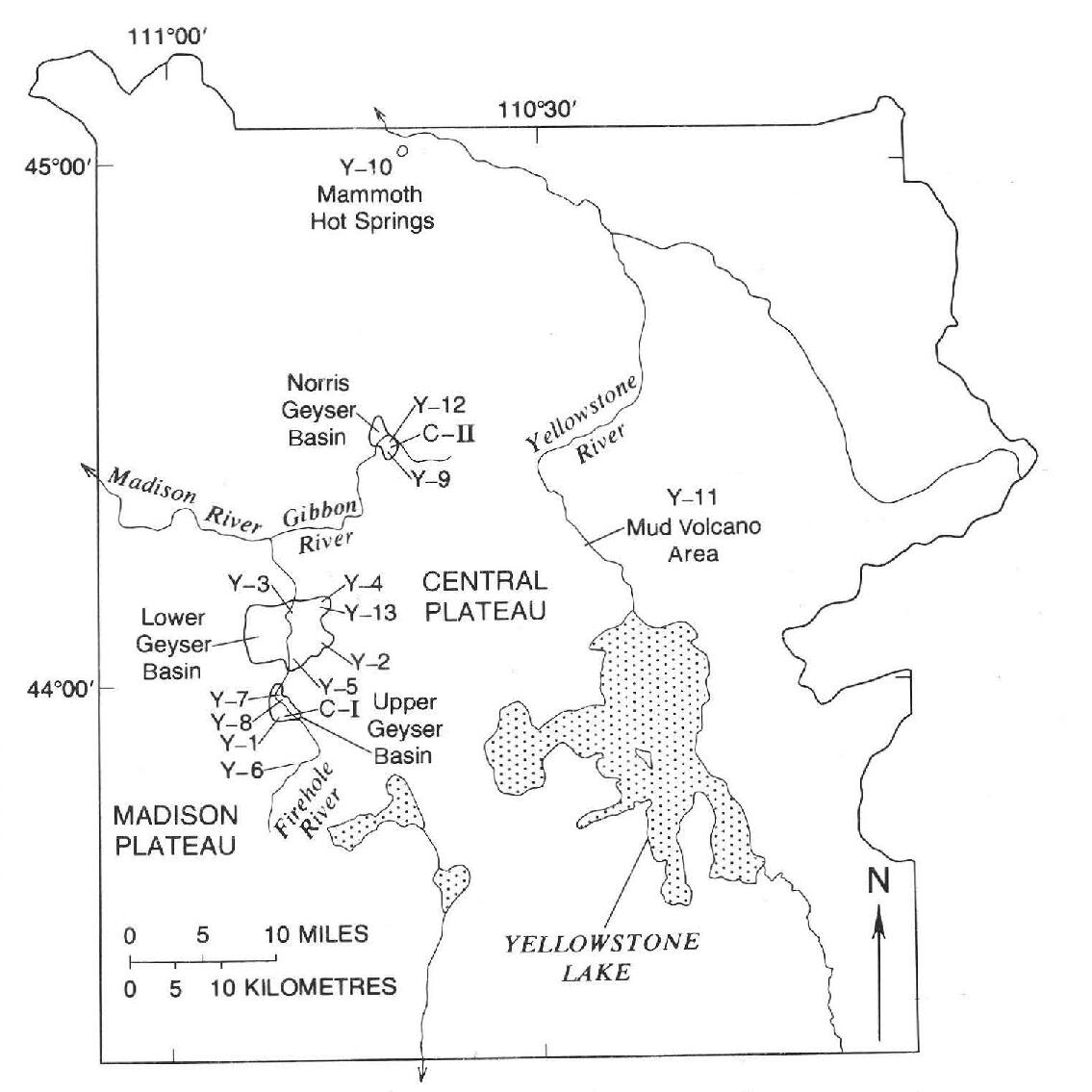 Index map showing locations of 1967–1968 research drill holes in Yellowstone National Park