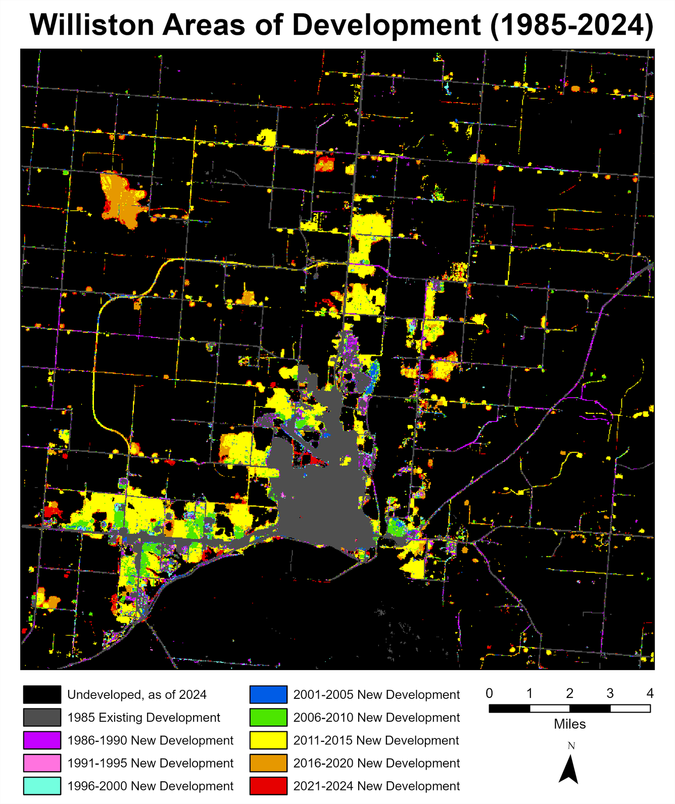 A map showing, with varying colors, the increasing development in and around Williston, North Dakota, over 40 years