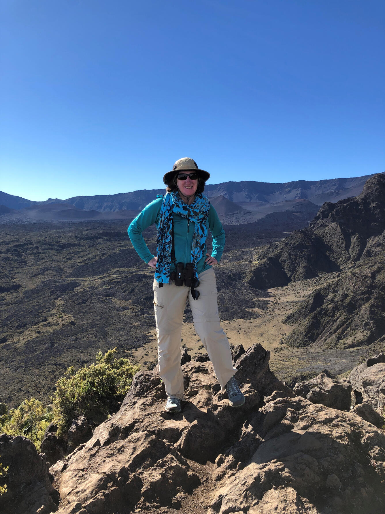 female scientist, wearing a teal jacket, tan pants, blue and black scarf, tan hat, standing on a mountain on a sunny day