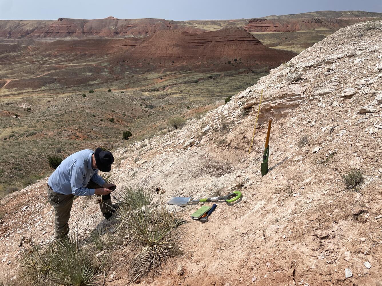Geologist on a hillside within a barren landscape of reddish and pale rocks