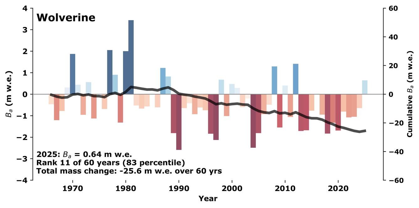 Blue and red bar chart of glacier mass balance over time.
