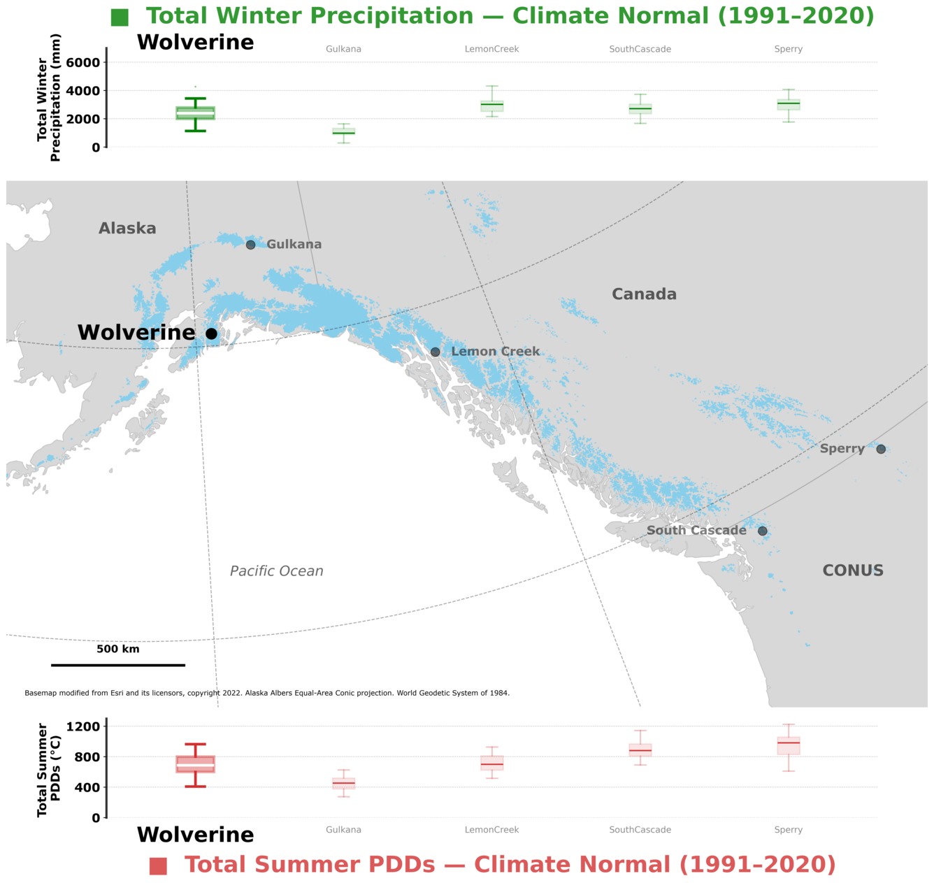 Map showing winter precipitation and summer PDDs