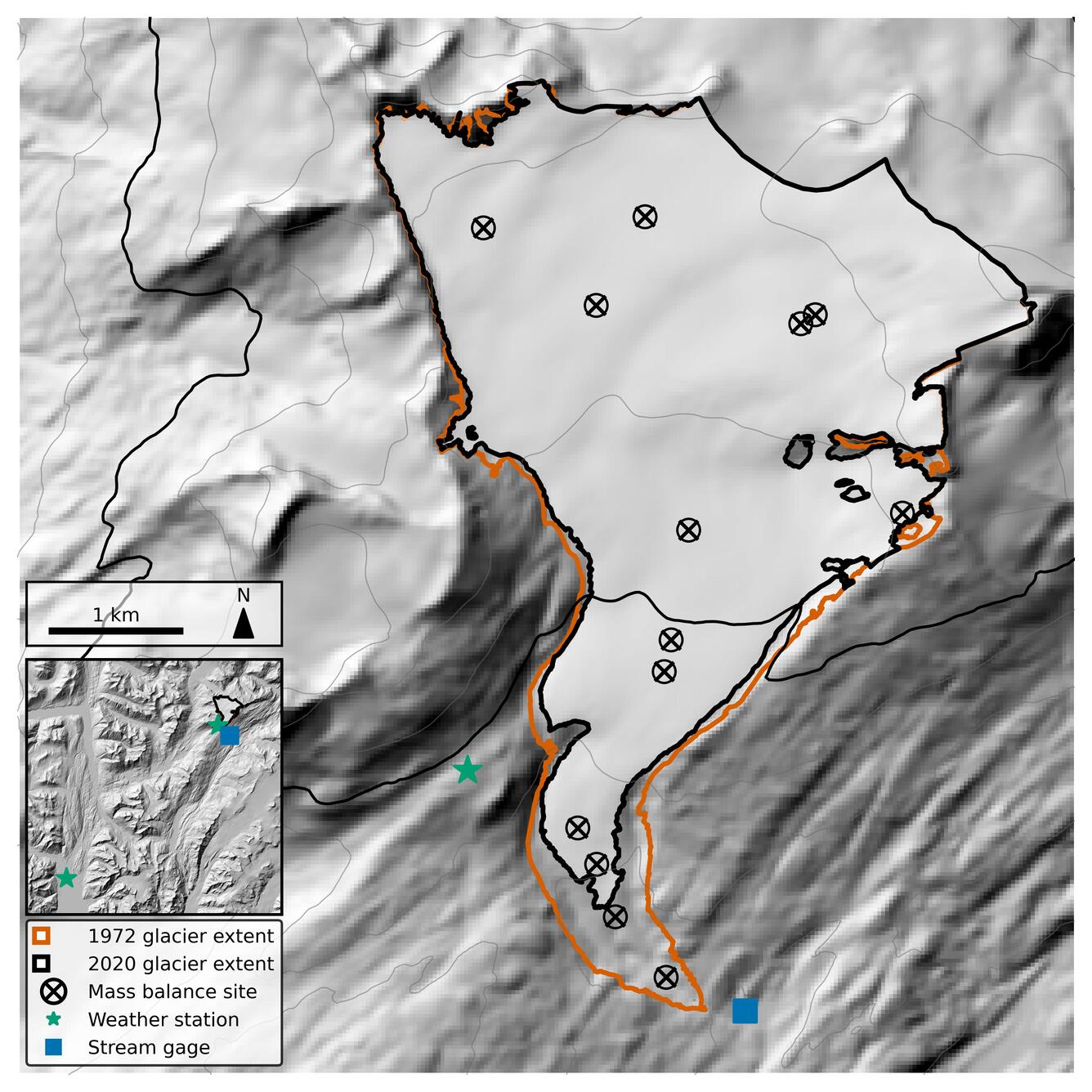 Map showing glacier extent in 1972 vs. 2020