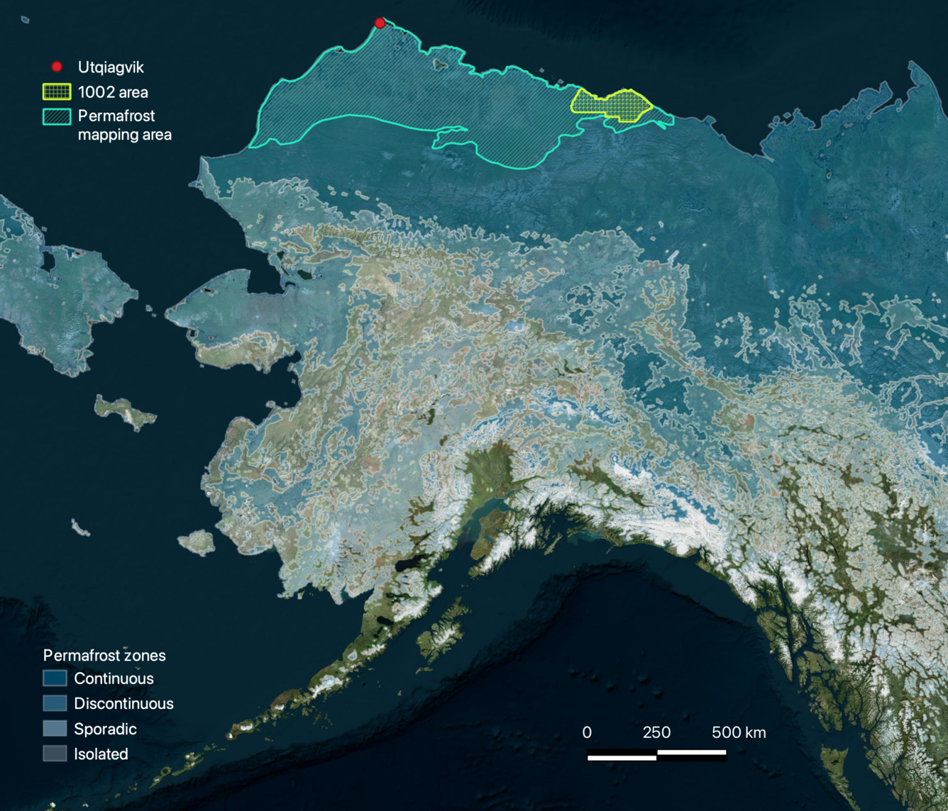 Map of Alaska showing continuous, discontinuous, sporadic, and isolated permafrost zones of northern Alaska.