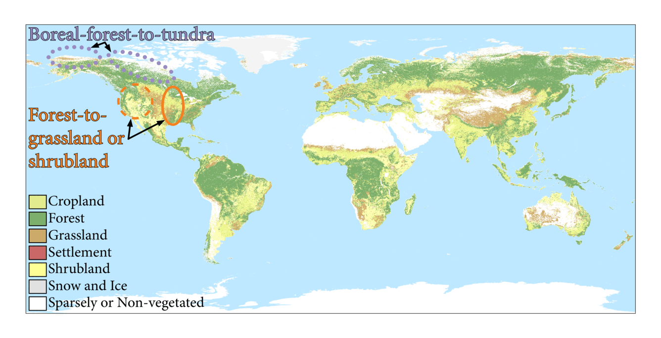 World map with vegetation types for 2020, with areas of land change in North America circled