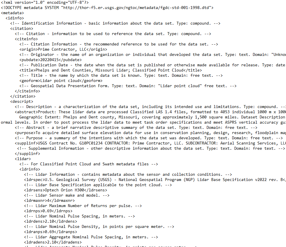 Snippet of xml metadata filled template file. 