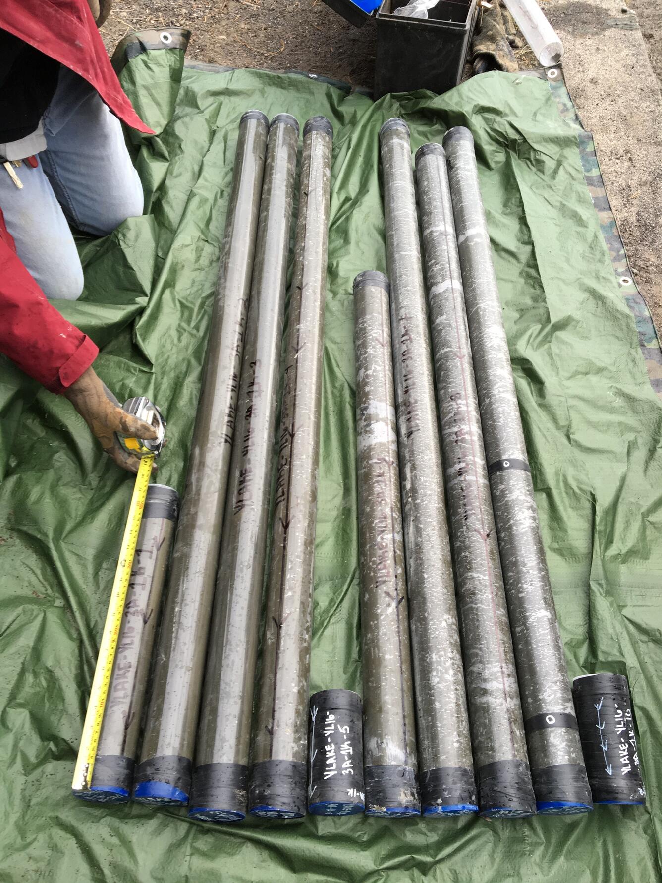 Cut polycarbonate sections of sediment core from Yellowstone Lake