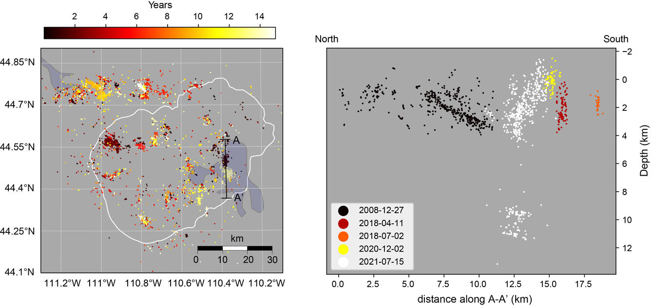 Map view and cross section with tightly clustered earthquakes depicting fluid-fault interaction in the Yellowstone area