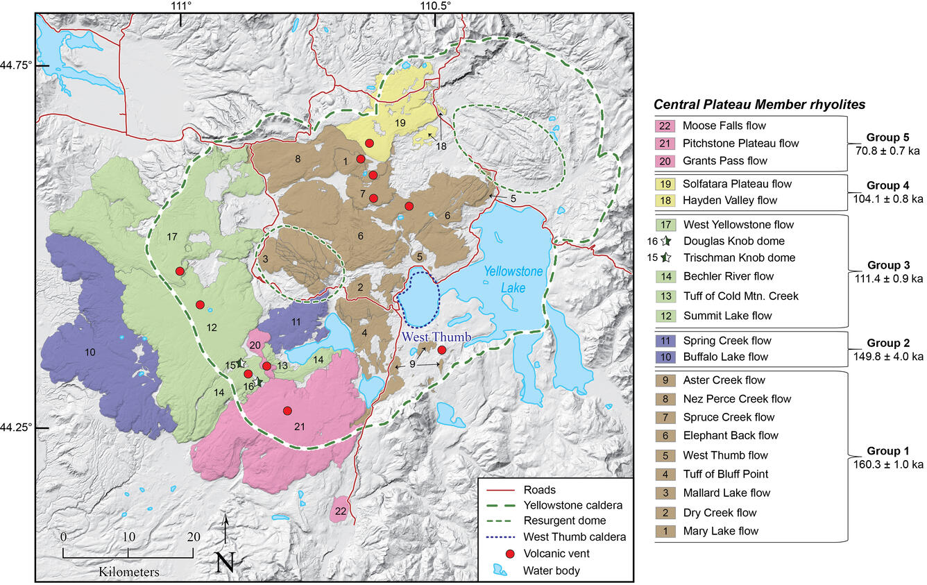 Map of Yellowstone caldera showing the locations and ages of the most recent rhyolite eruptions at Yellowstone, the Central Plateau Member rhyolites