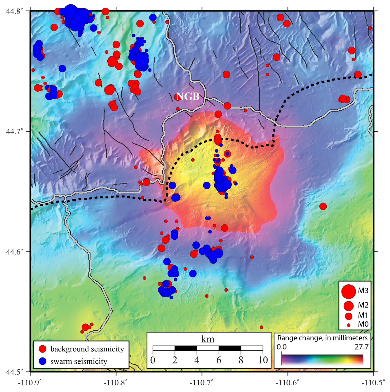 Map of Yellowstone caldera's north rim showing uplift and earthquakes located right in the center of the uplift