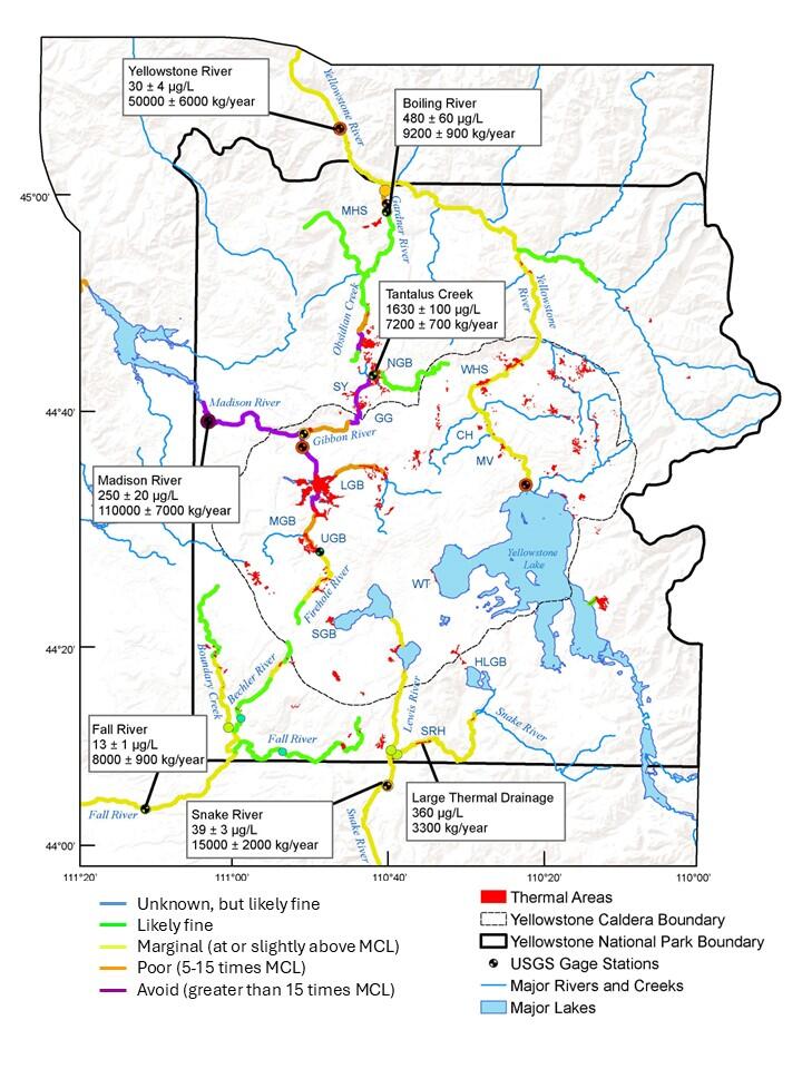 Yellowstone National Park map with colors indicating high arsenic in rivers near major geyser basins