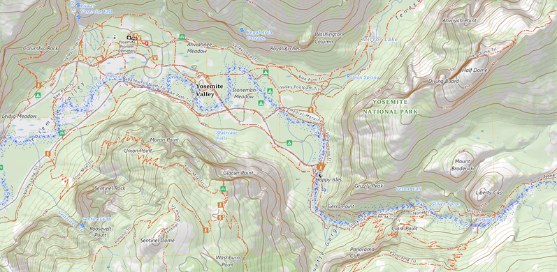 Image shows a topographic map of Yosemite Valley