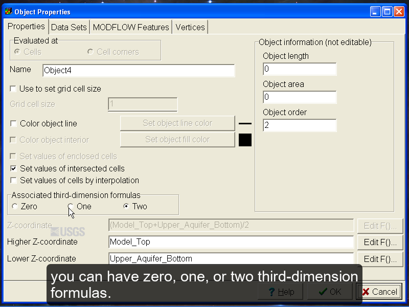 Screen capture of ModelMuse with the words "you can have zero, one, or two third-dimension formulas."