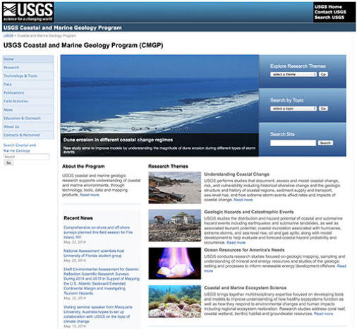 Screenshot of the former coastal and marine geology web site home page.