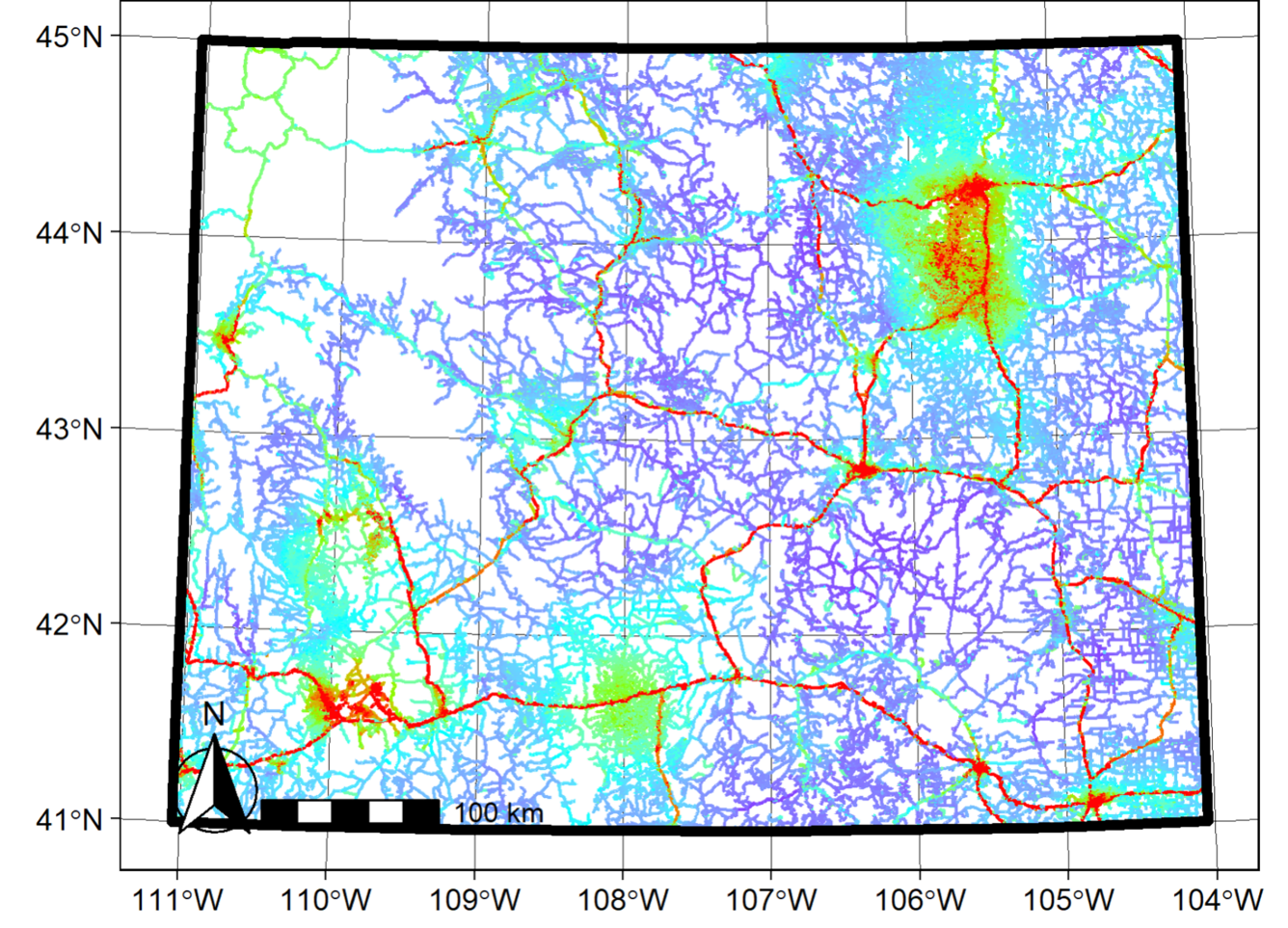 Map of wyoming with latitude and longitude plus colors representing amount of road traffic