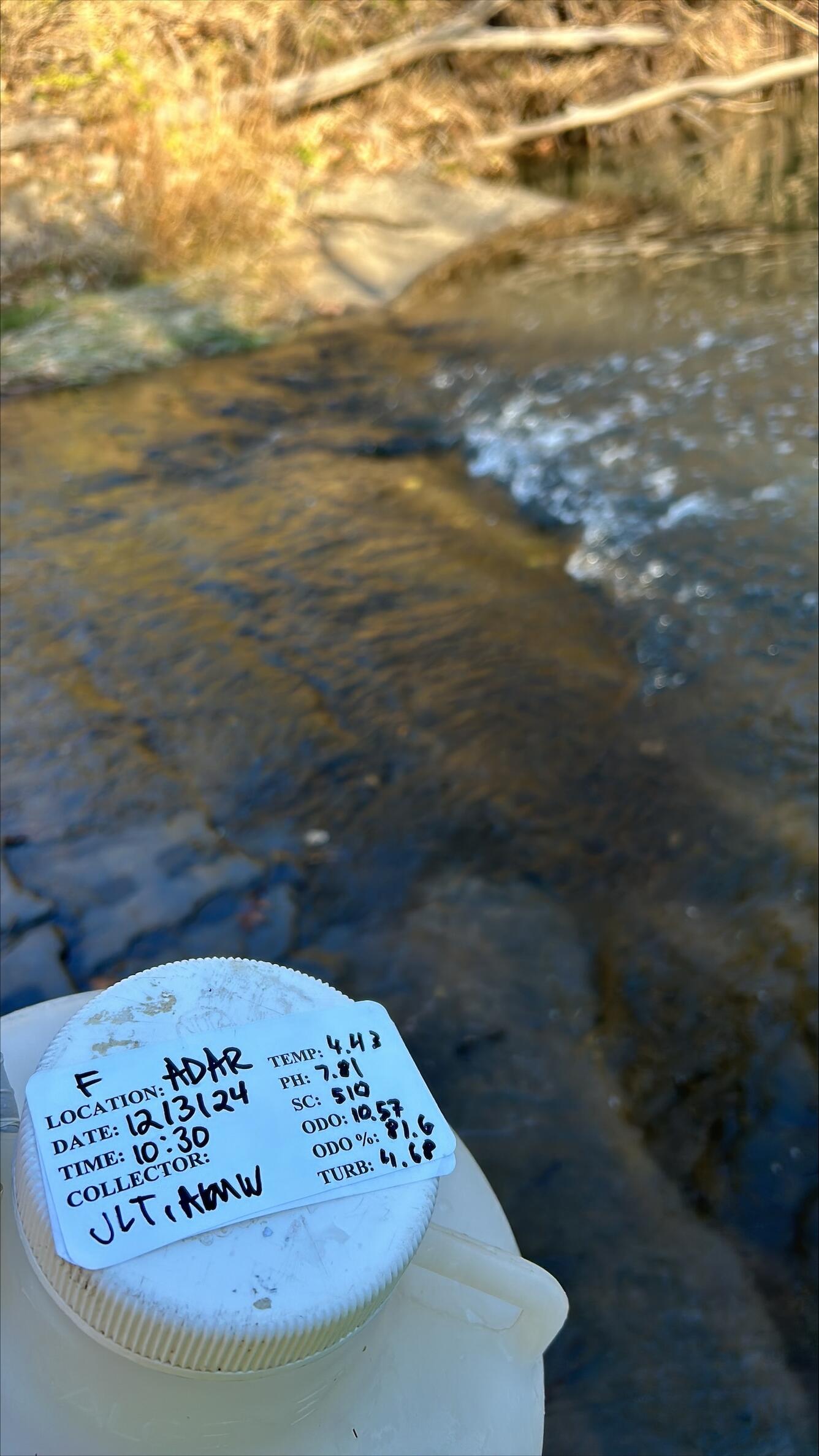 Water quality sample collected at Adair Creek streamgage with flowing water in the background