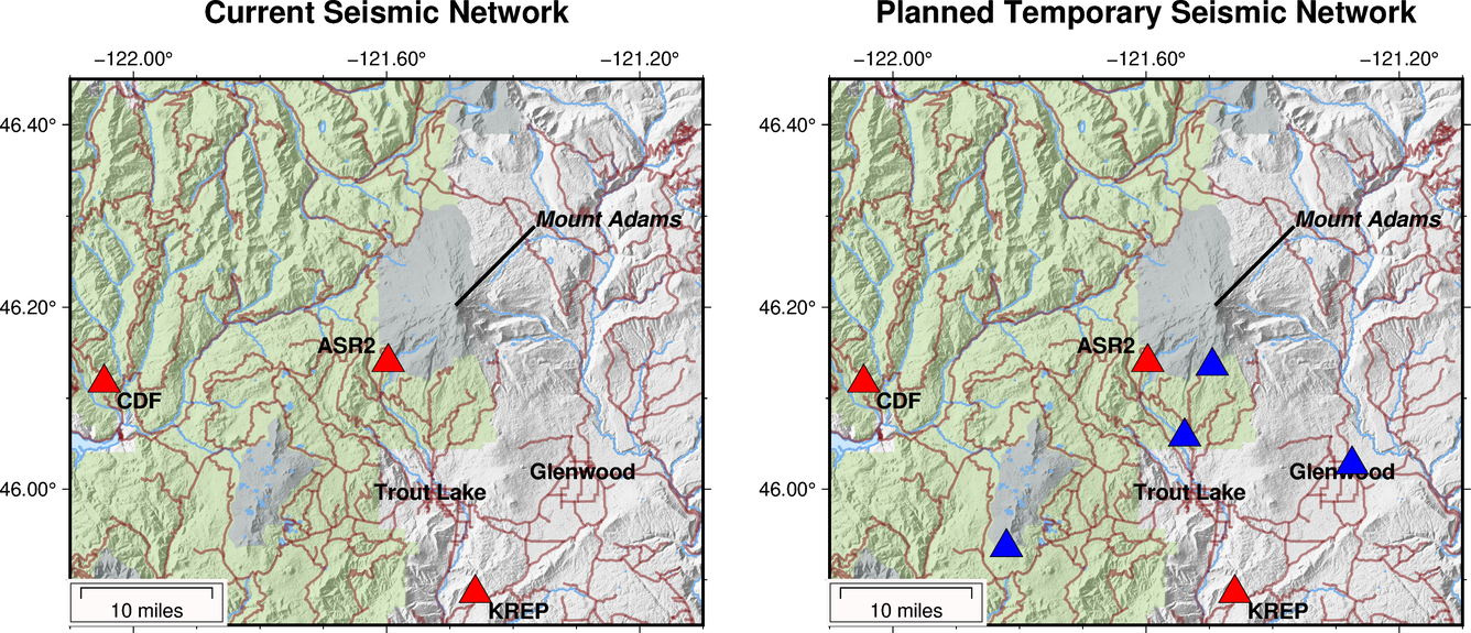Maps of the currents and proposed seismic network station locations at Mount Adams. 