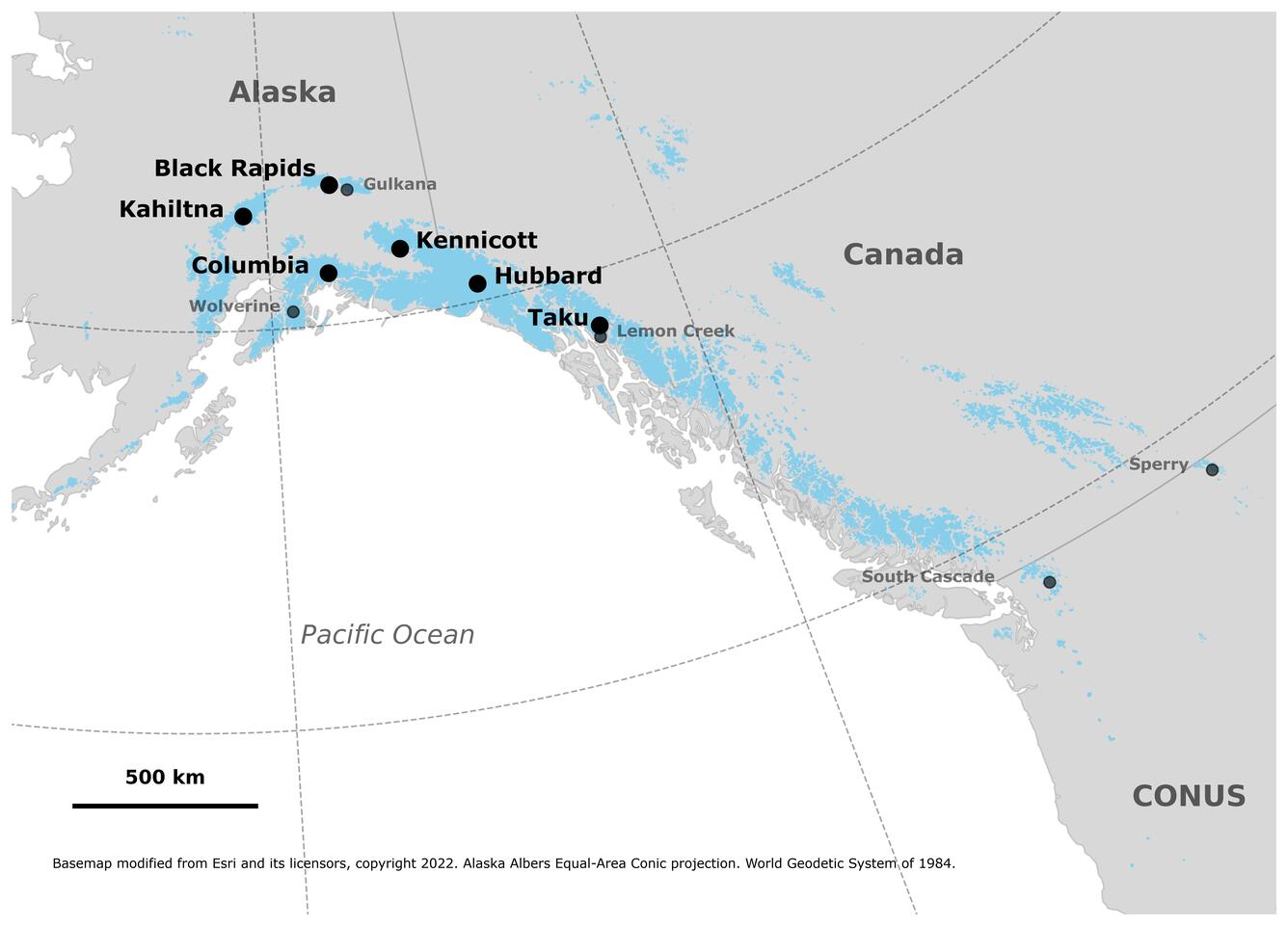 Map of glacier locations in Alaska that are studied by USGS.