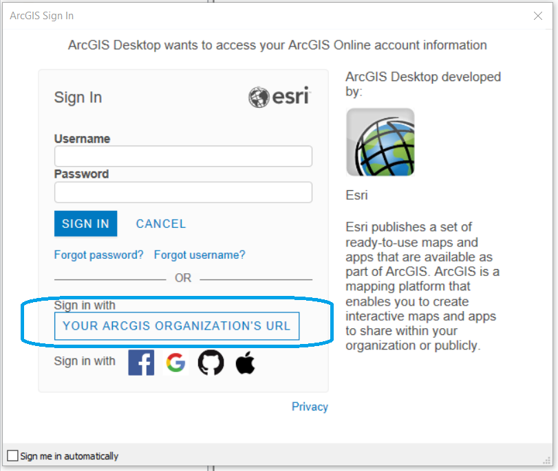 Screenshot showing sign in option for ArcGIS Online