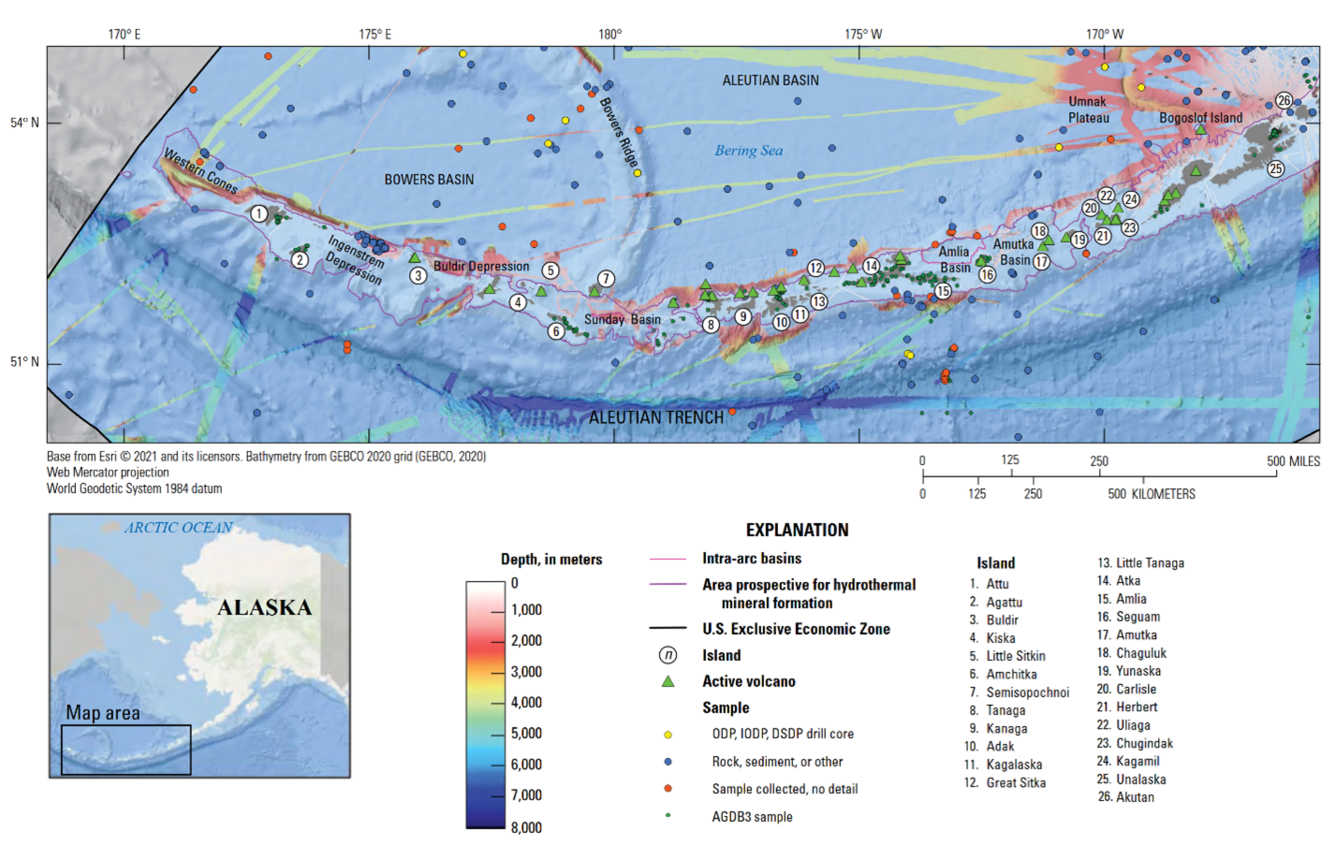 A map showing active volcanoes along the Aleutian Arc