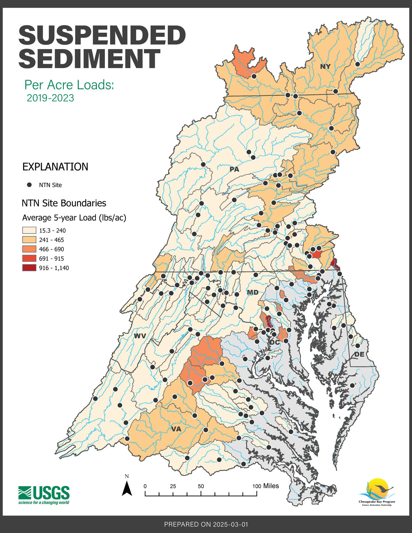 Map of the Chesapeake Bay Nontidal Network showing Suspended Sediment Average 5-year yield from 2019-2023
