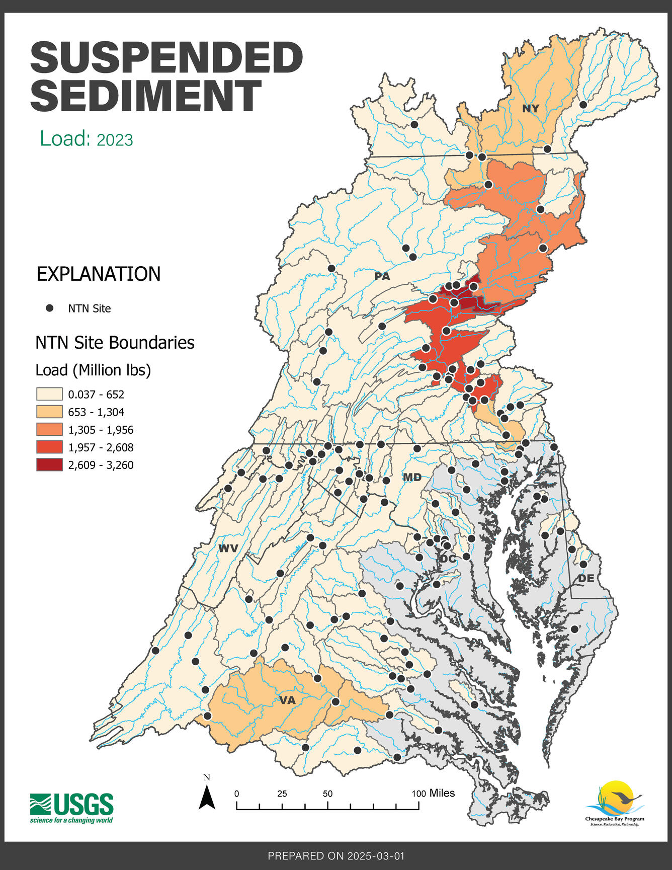 Map of the Chesapeake Bay Nontidal Network showing Suspended Sediment load for the year 2023