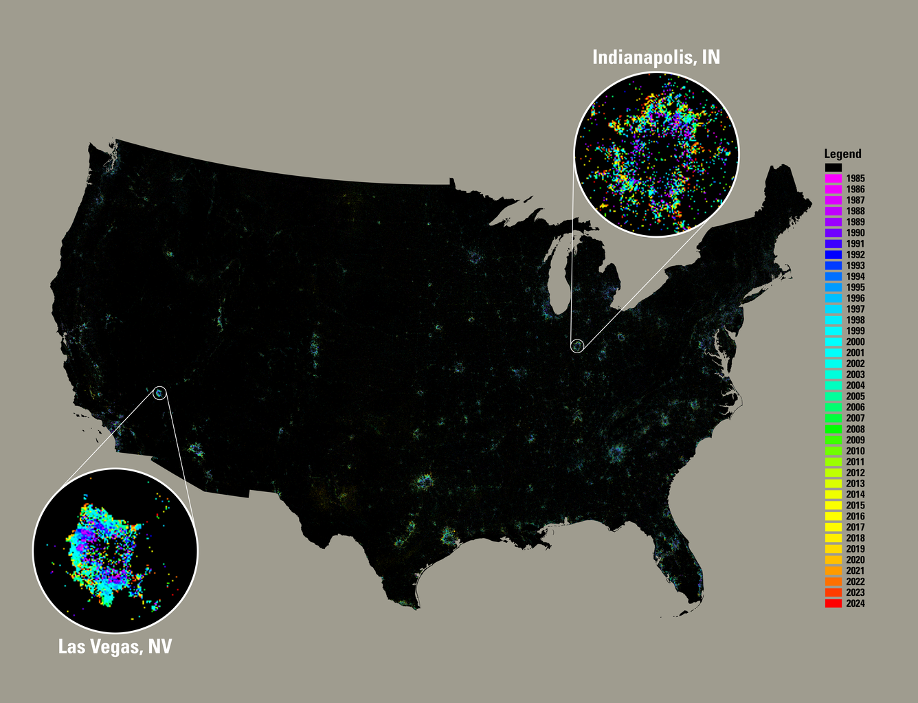 A map of the United States with a black background and colorful spots scattered throughout, 2 zoomed in areas and a legend