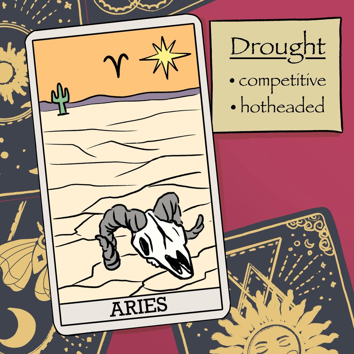 A tarot card for Aries represented by a ram's skull sitting in an arid desert.