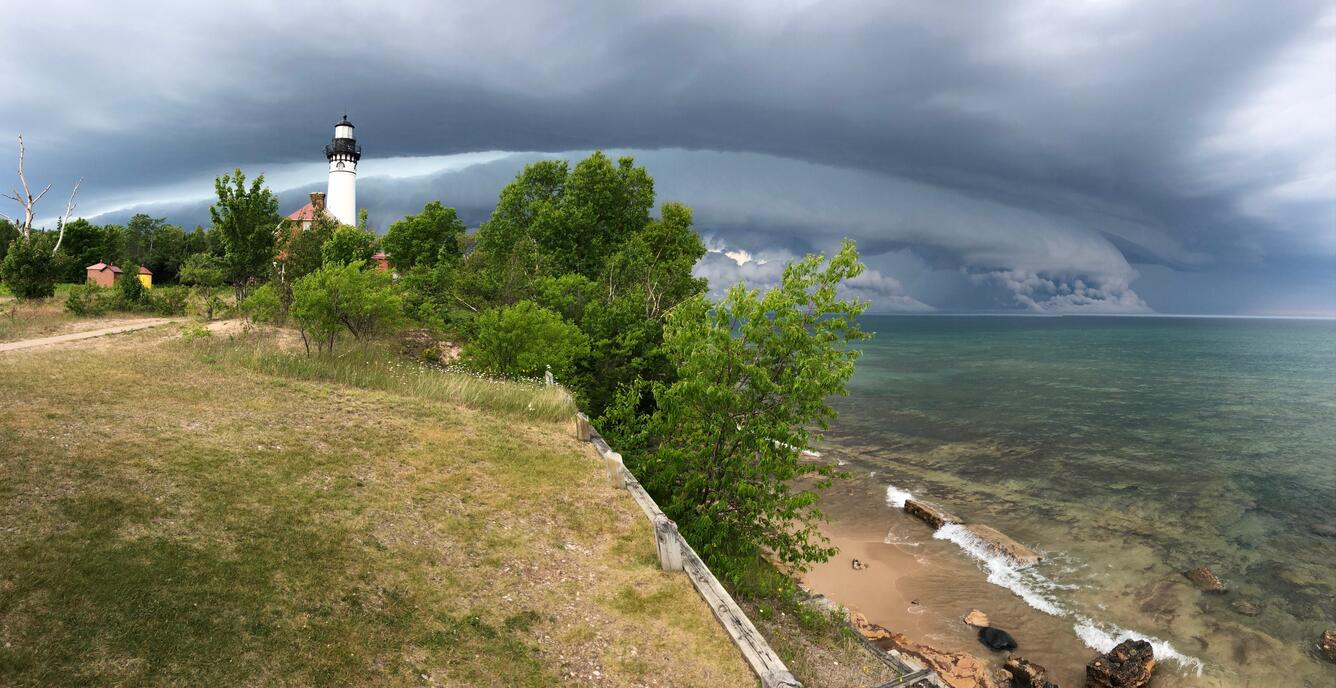 Dark storm clouds over Au Sable light station