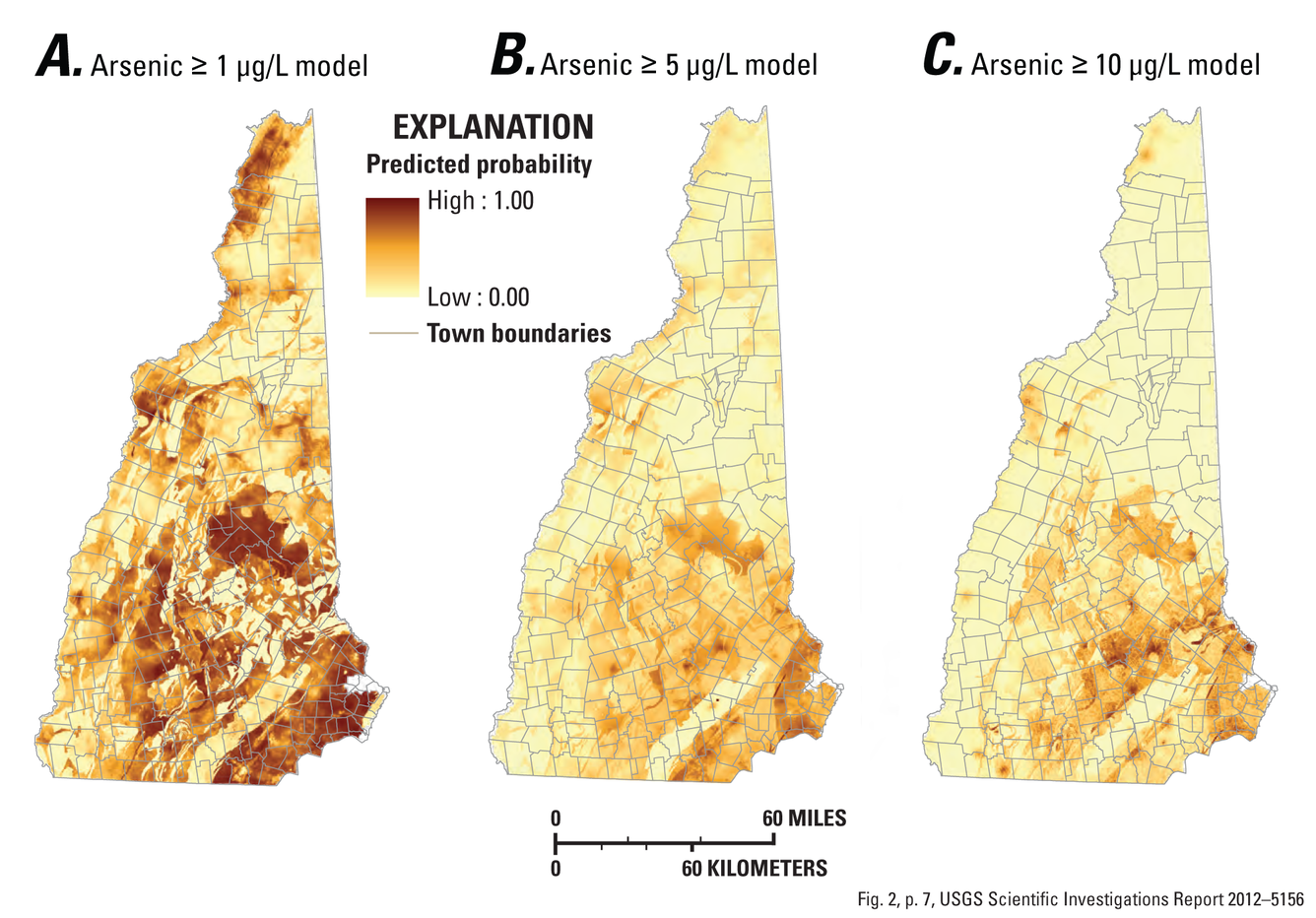 Predicted probabilities of arsenic concentrations show in a gradient from white to dark brown