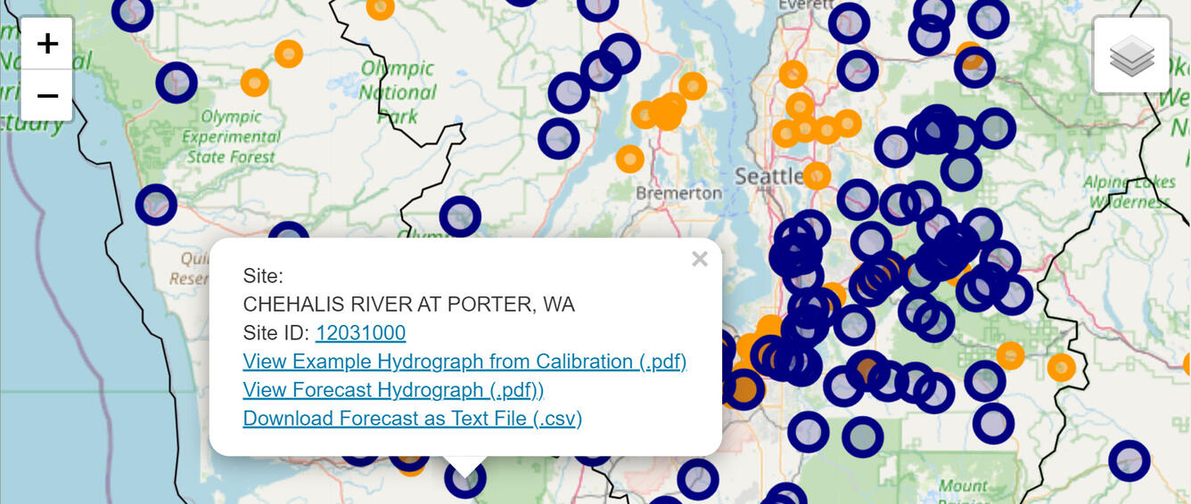 screenshot showing map with forecast sites and popup data window