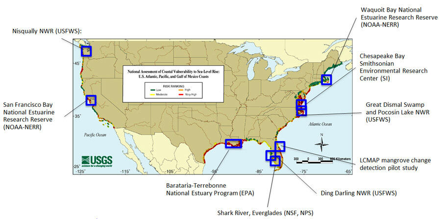 Map showing locations of blue carbon study sites in the United States.