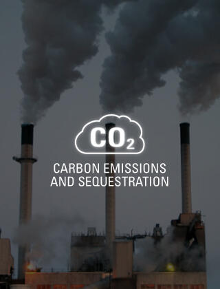 Coal burning stacks with CO2 icon with cloud and "Carbon Emissions and Sequestration"