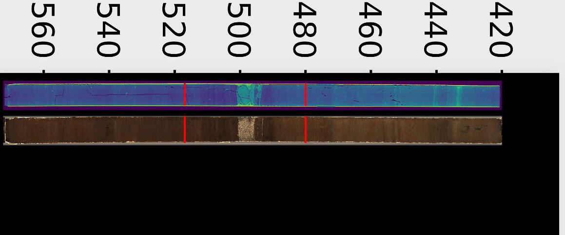 Two images of a long, skinny core of sediment with a numbered scale to show the depth the core was retrieved from.