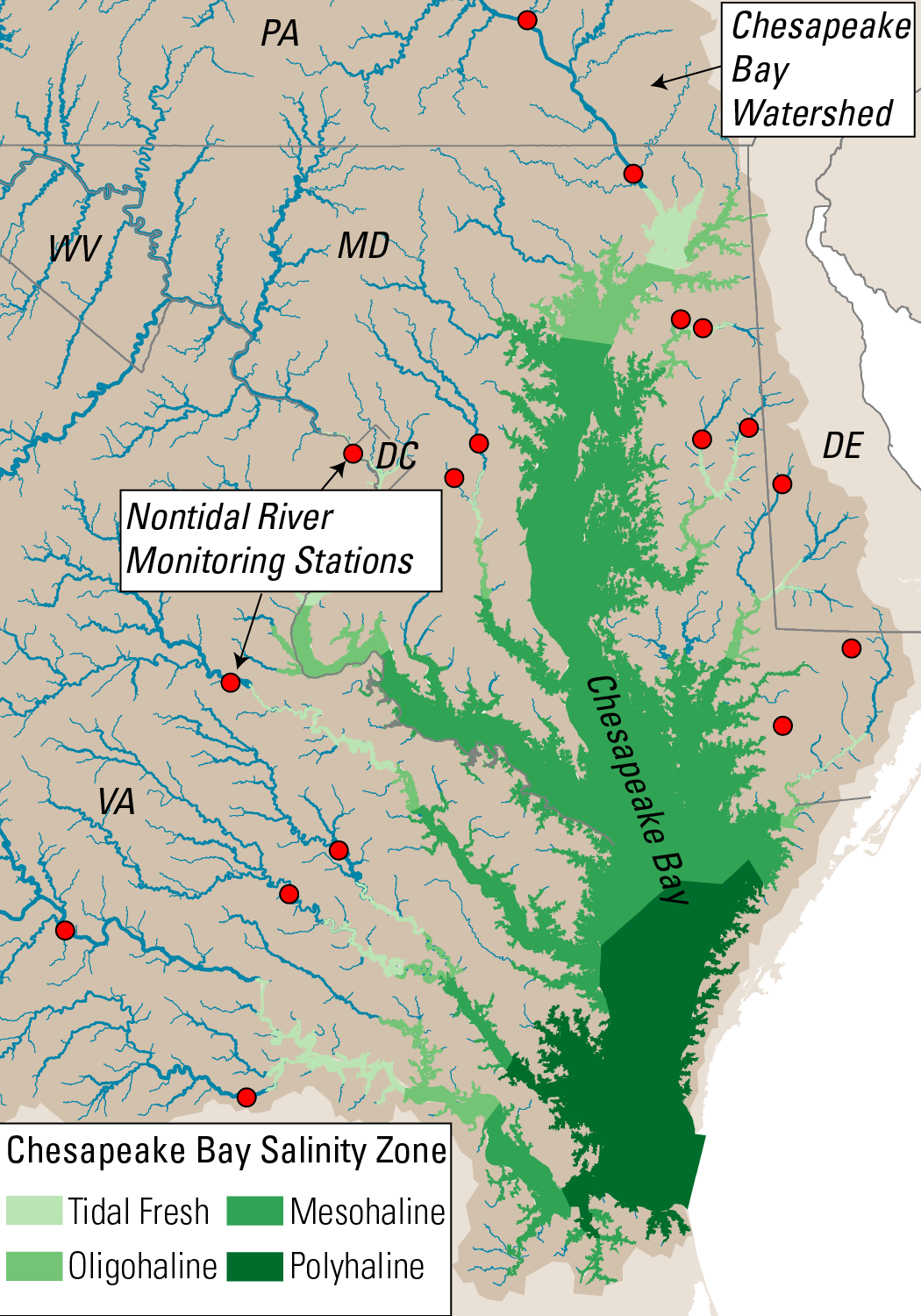 Map with red dots indicating a nontidal river monitoring station
