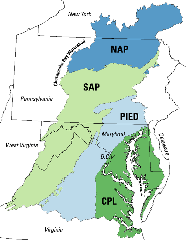 Map of US east coast showing four regions of Chesapeake Bay watershed