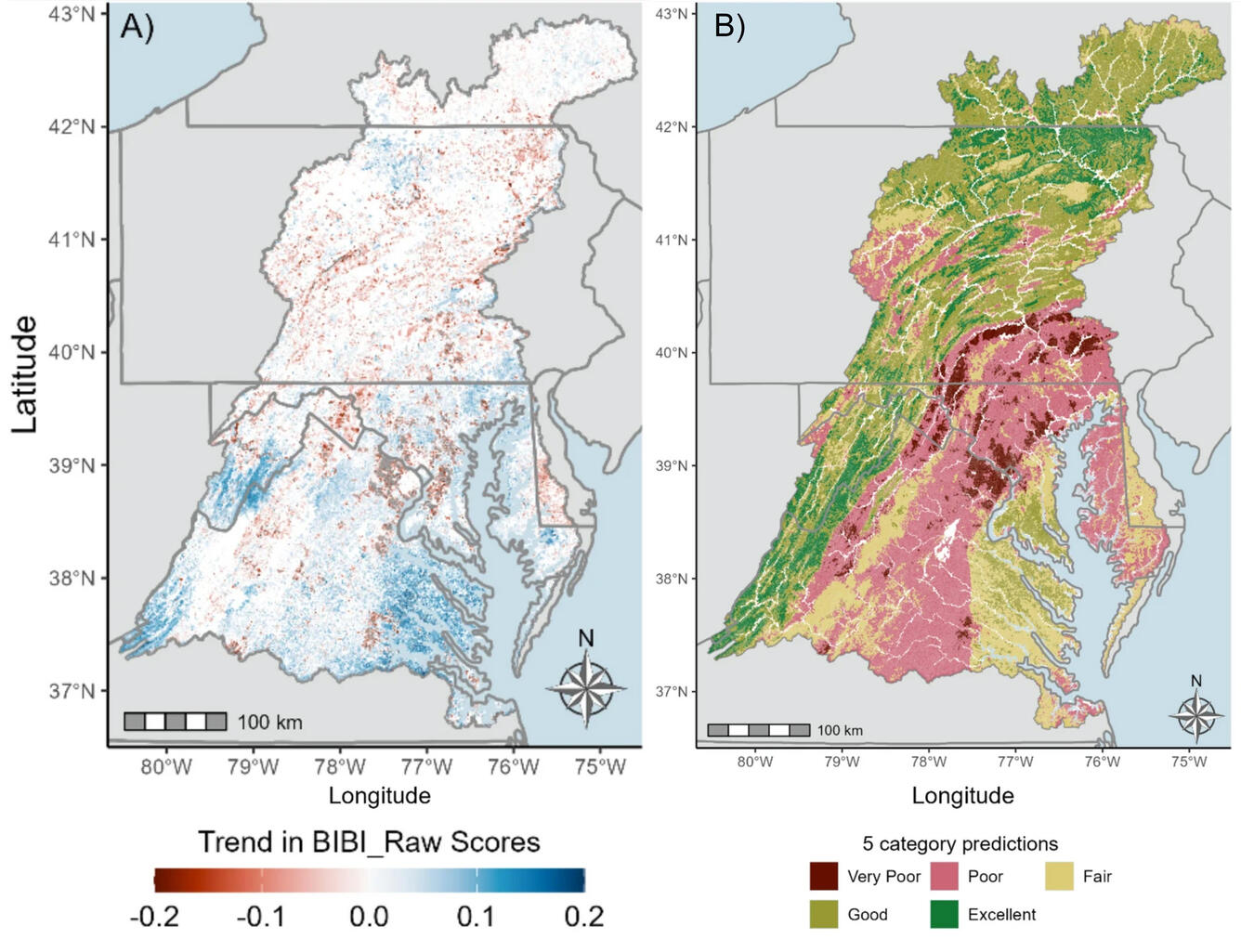 Two side by side maps of the Chesapeake Bay watershed highlighting the trend in BIBI_Raw scores