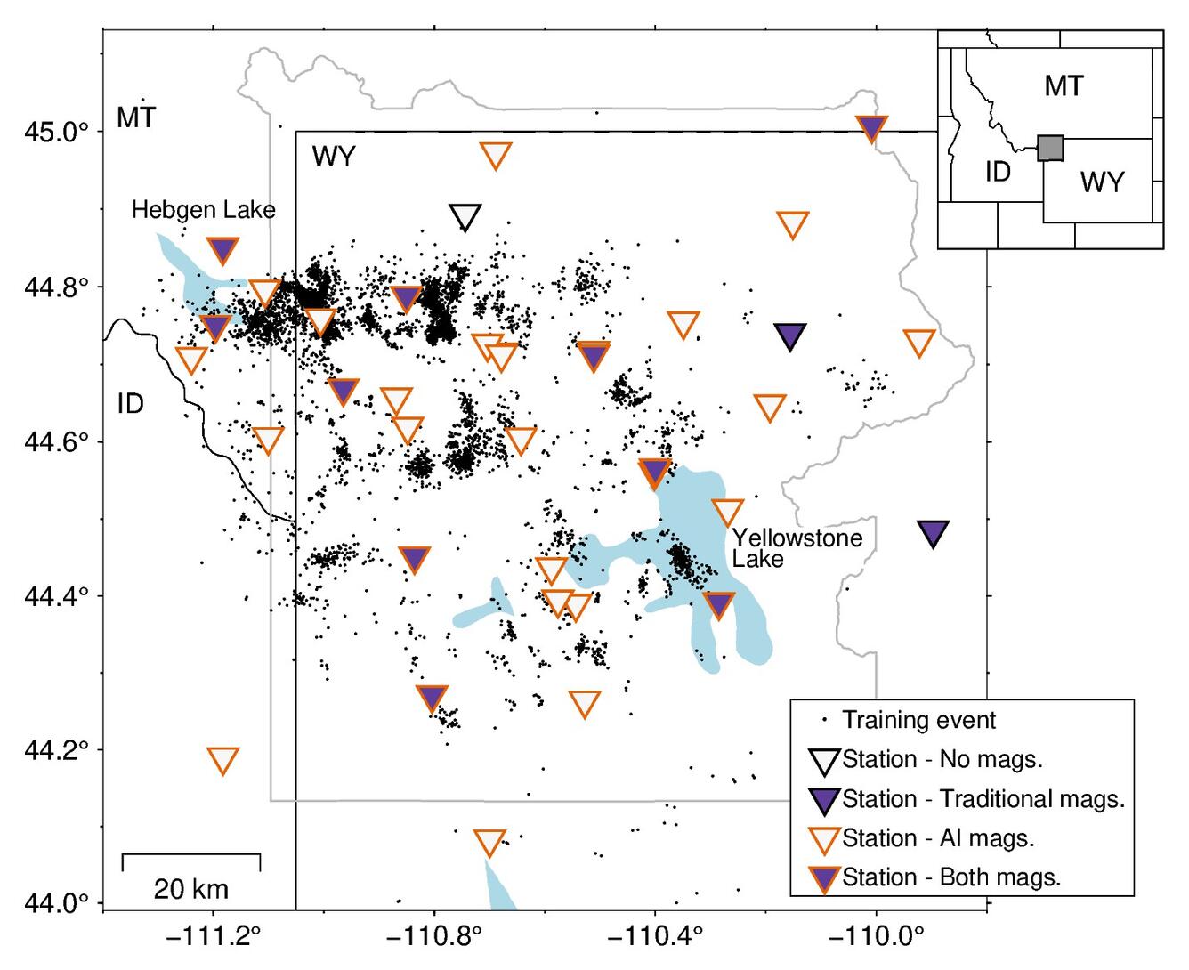 Map of Yellowstone region with triangles, most of which indicate stations used to calculate AI magnitudes