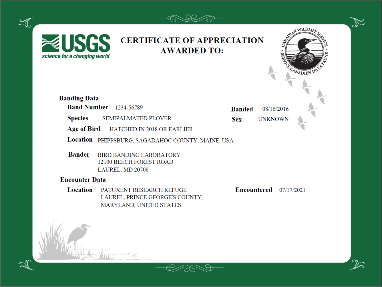 an example certificate with information on when and where the bird was banded and the finder information 