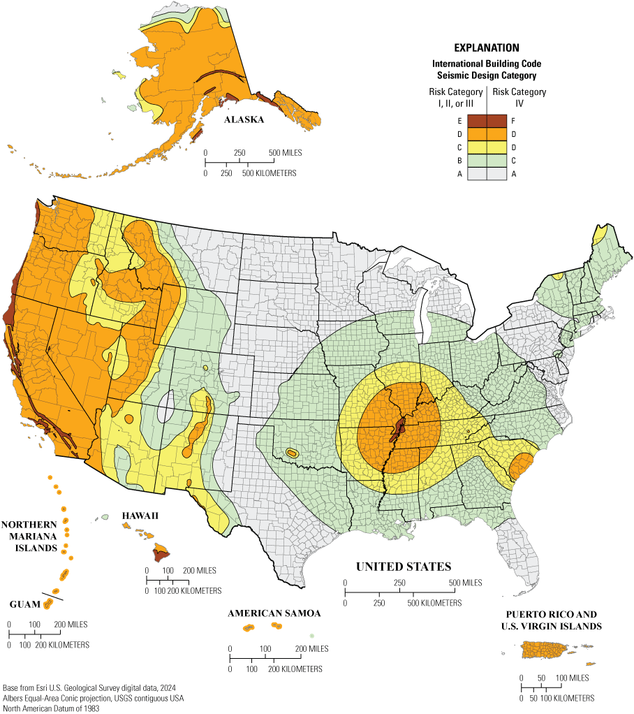 Map of the United States and its territories showing 2024 International Building Code Seismic Design Categories and Risk Categories.