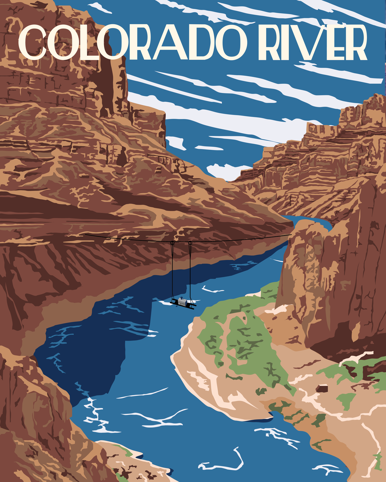 Vintage-style poster of the Colorado River with a USGS water quality monitor portrayed on pulleys across the canyon. 