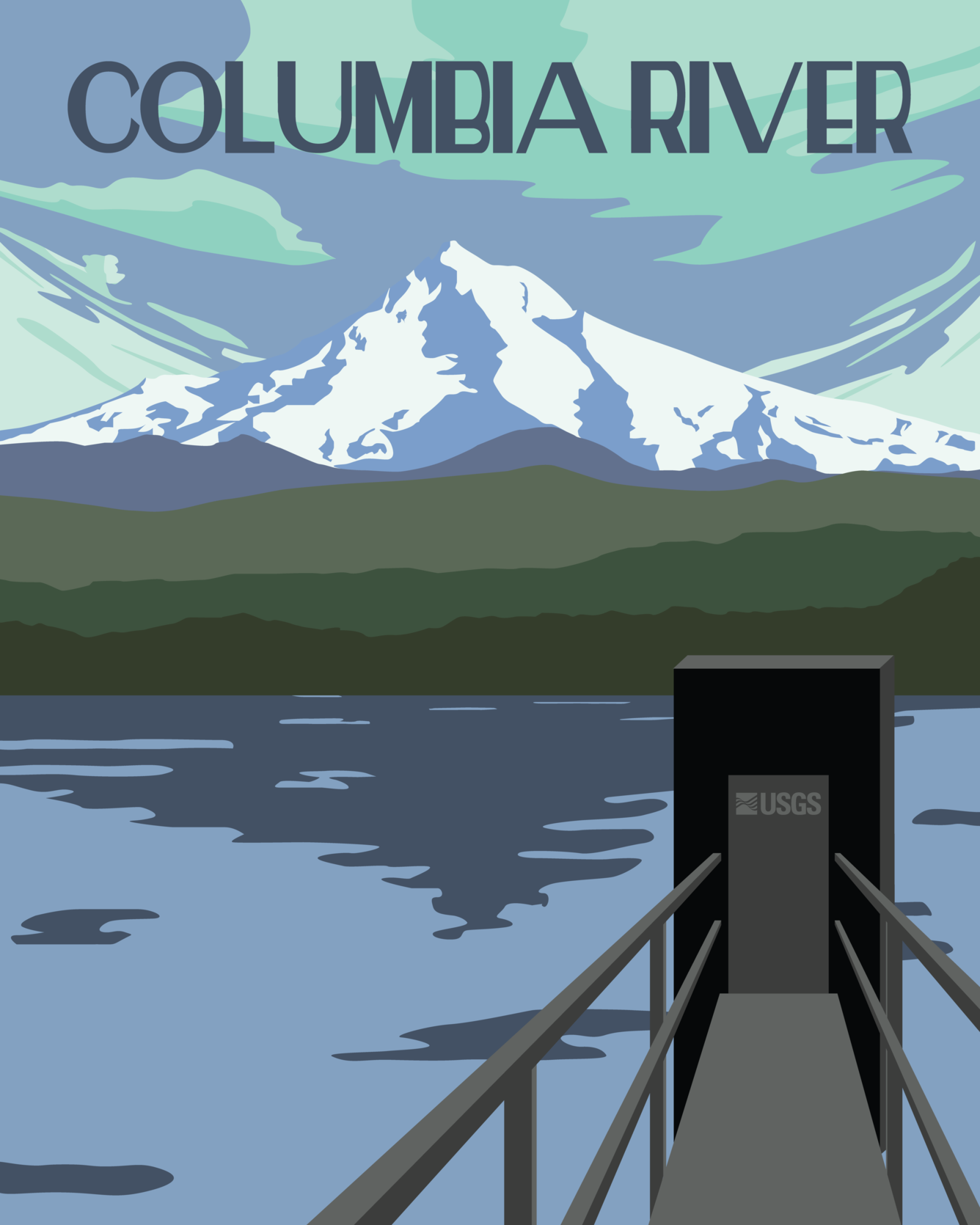 Vintage-style poster of the Columbia River flowing alongside Mount Hood with a USGS streamgage featured in the foreground.