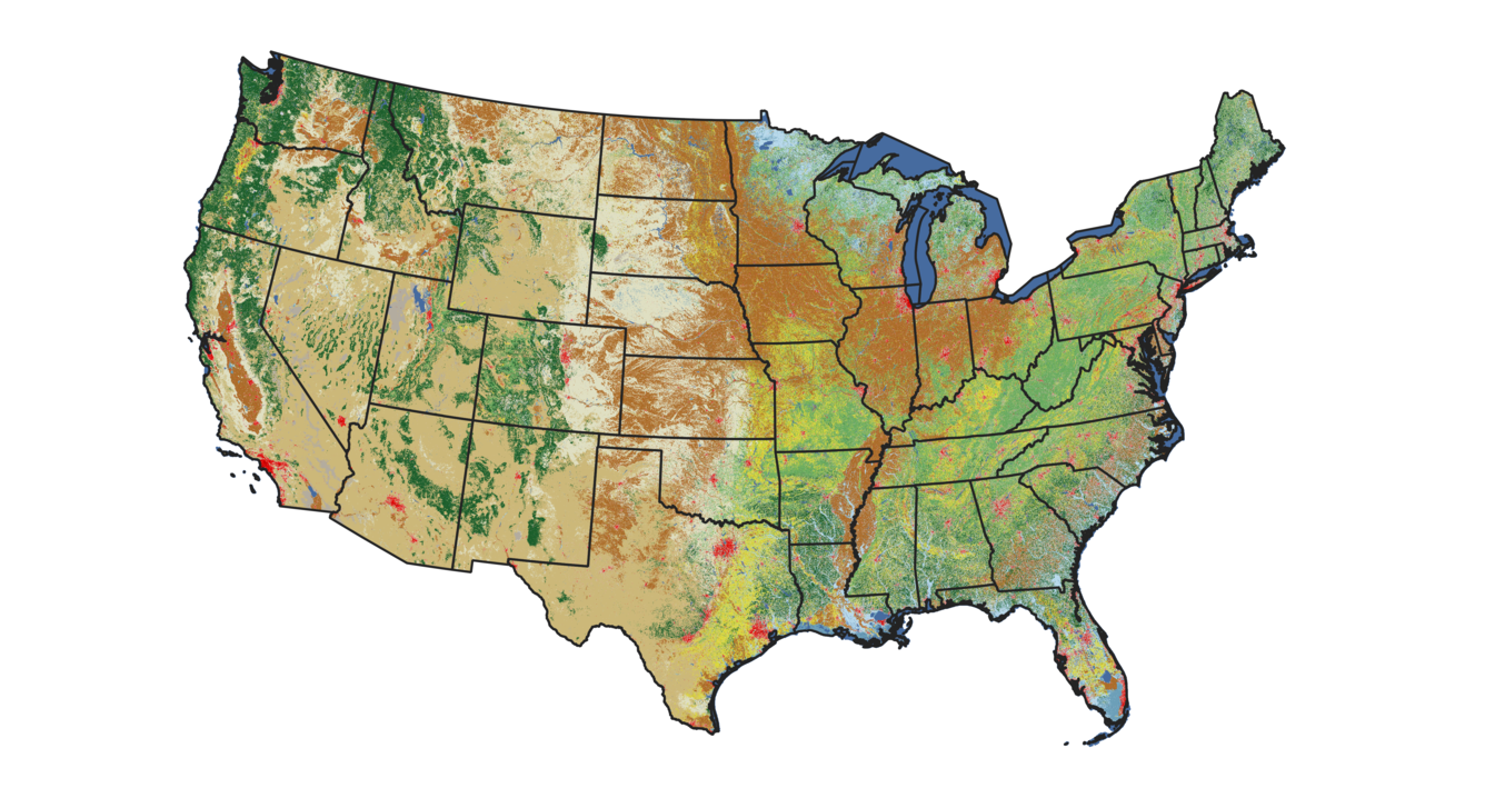 A map of the United States with varied shades of greens, browns, blues, and red, and the states outlined in black