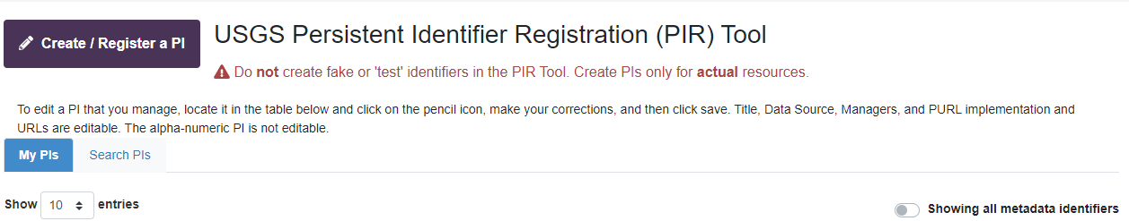 Screenshot of PIR Tool, create/register a PI button