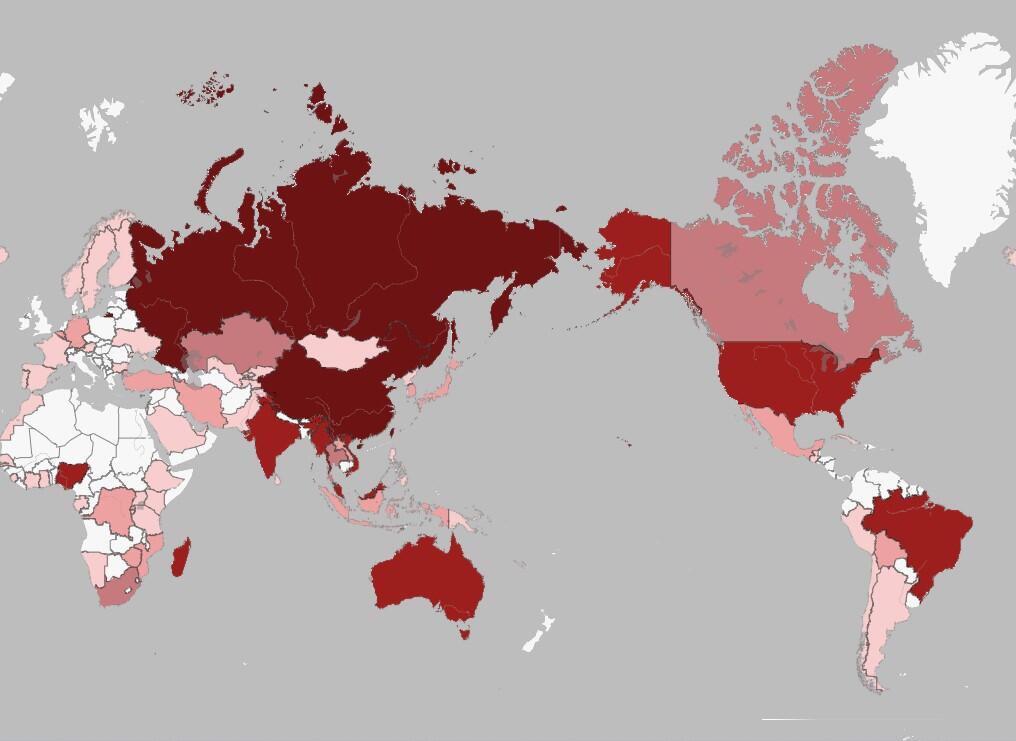 A world map with countries shaded in red tones to represent involvement in critical mineral resources.