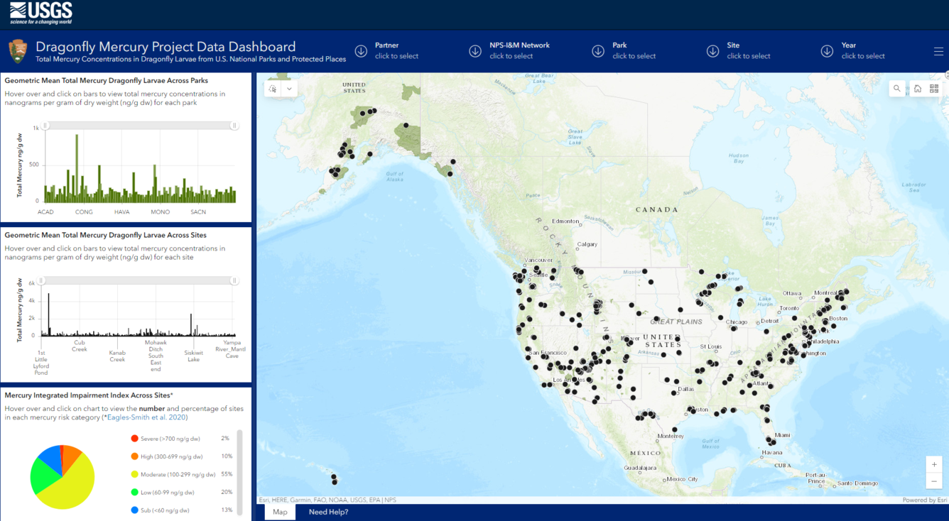 screenshot of the Dragonfly Mercury Project data dashboard showing sampling locations across the country