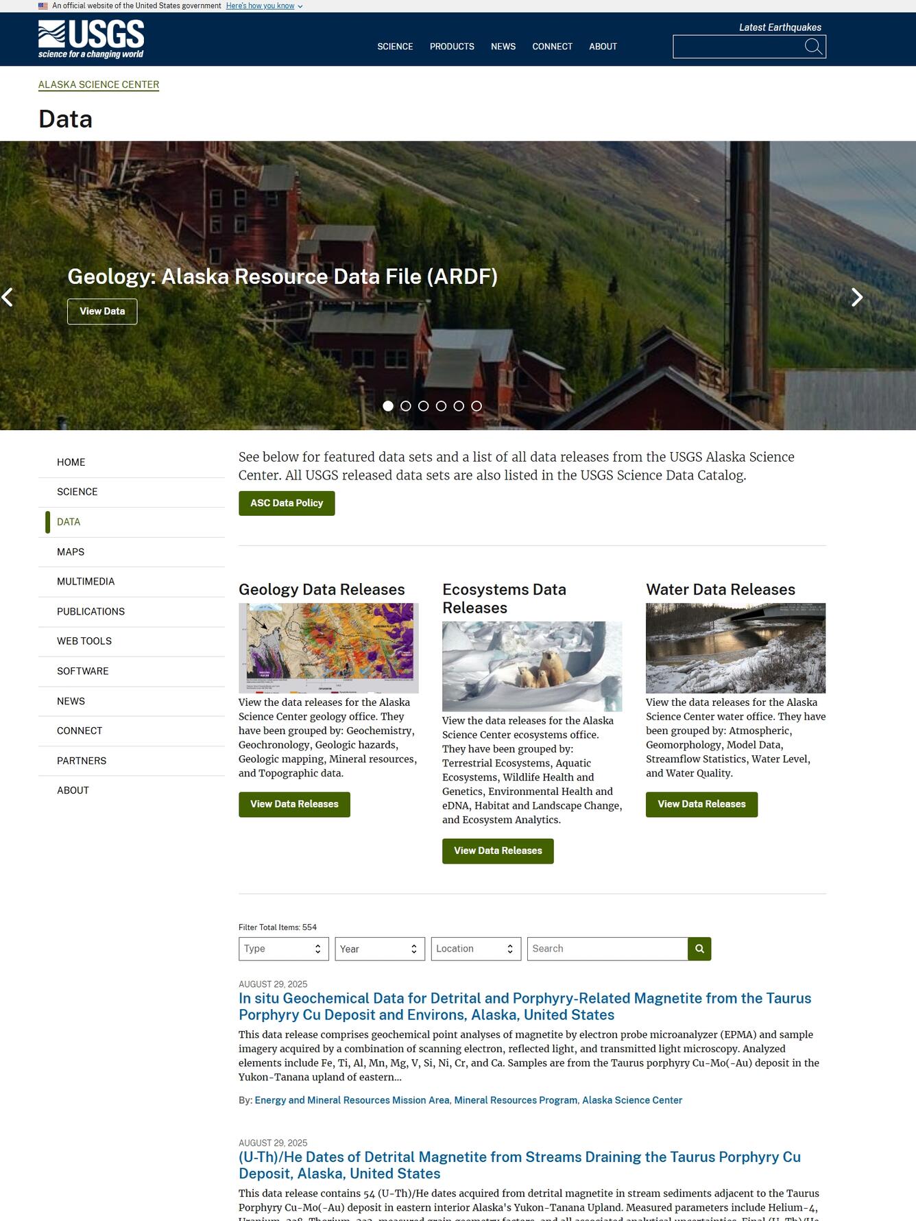 Screenshot of the ASC data homepage.