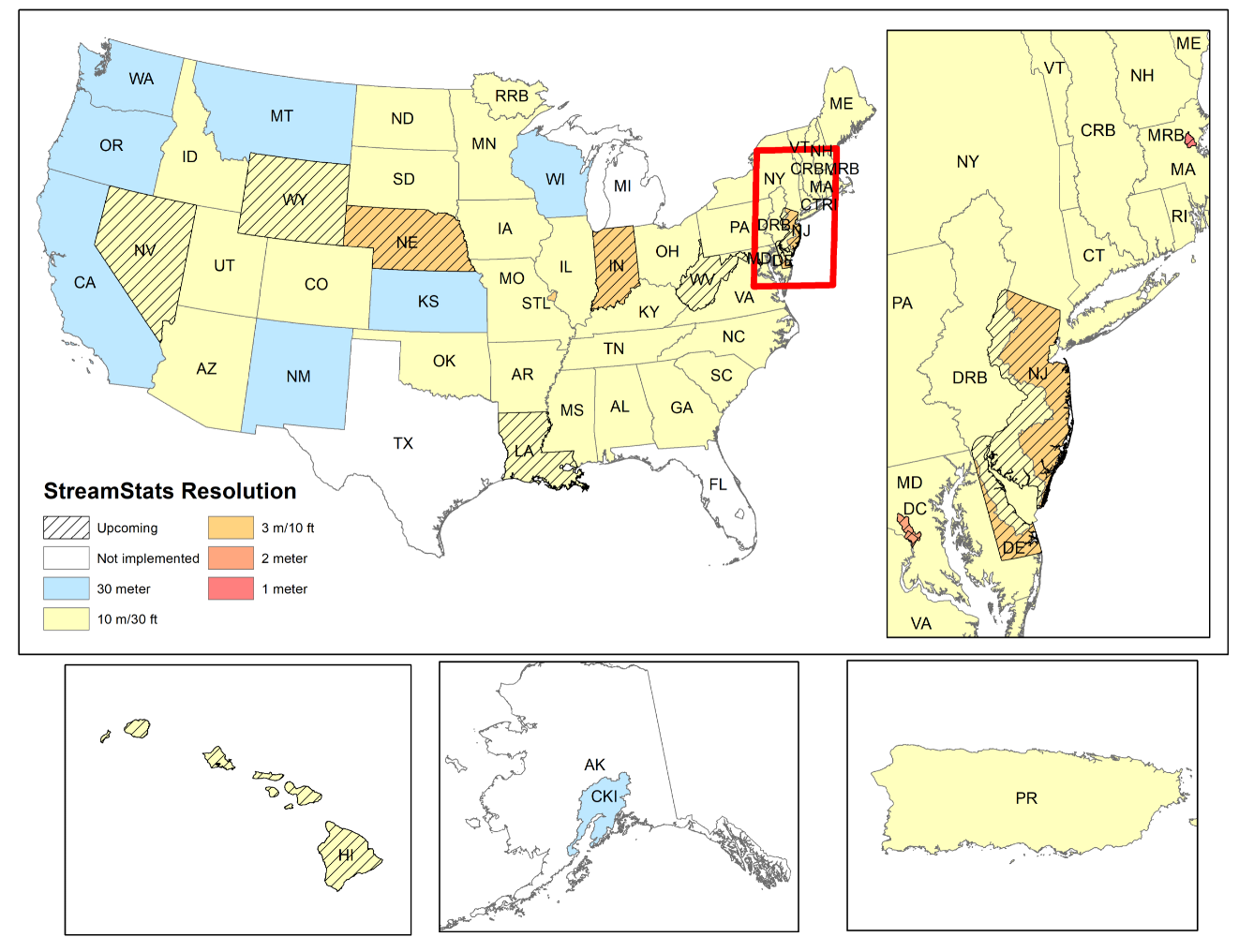 States shown in the red box have undergone improvements to their underlying elevation data