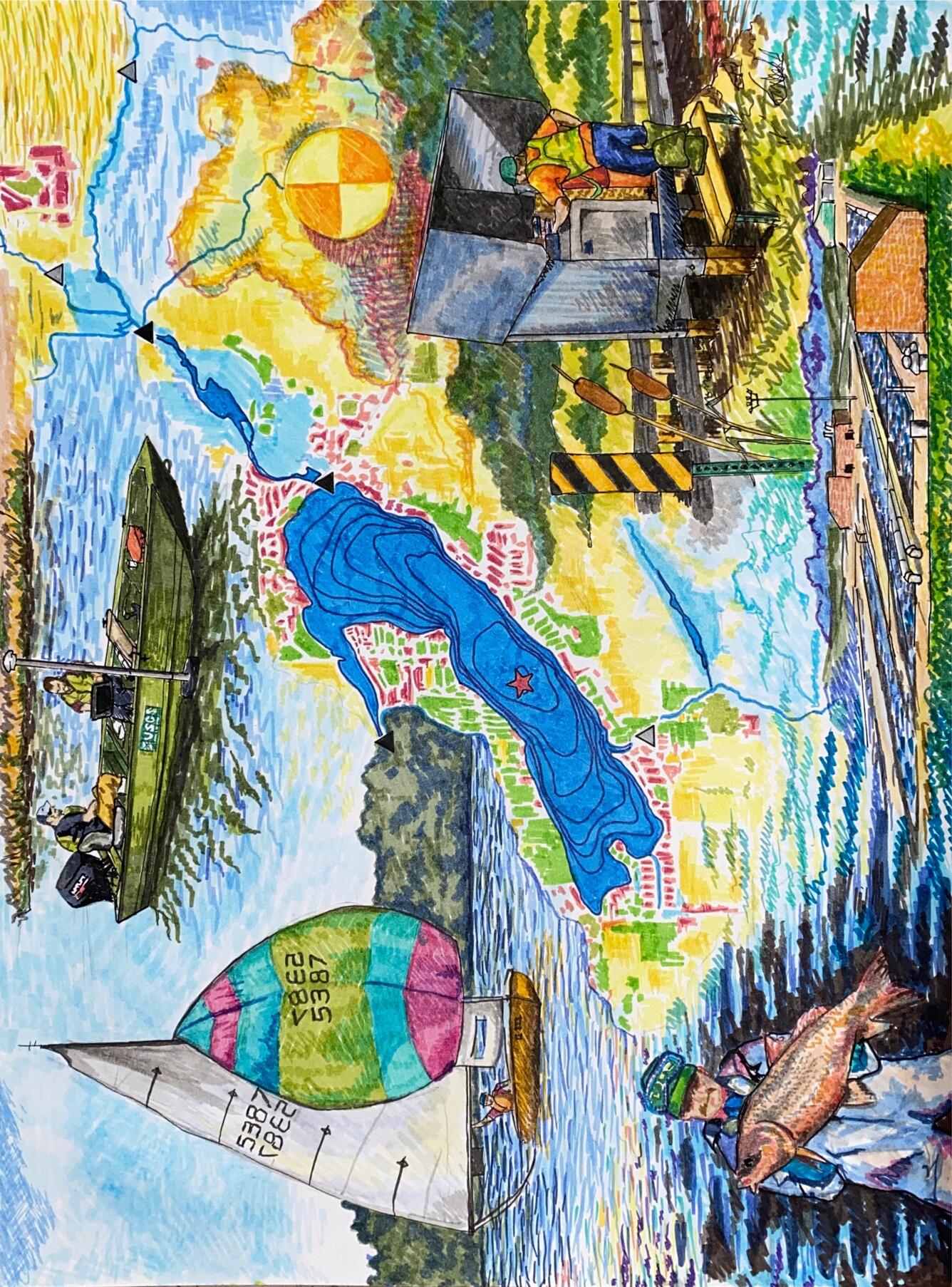 Illustration (ink) depicting Delavan Lake and its dynamic water quality response to watershed changes