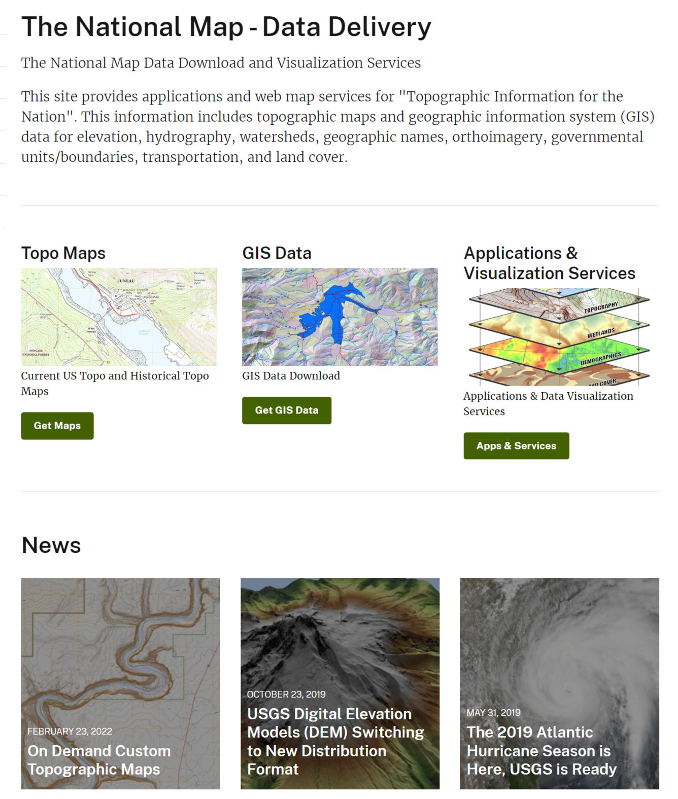 Screenshot of The National Map - Data Delivery landing page